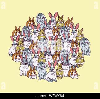 Big group rabbits pets animal round composition. Color vector illustration EPS8 Stock Vector