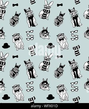 Fashion hipster rabbits cute pets grayscale seamless pattern. Vector illustration EPS8 Stock Vector