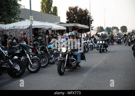 Bergamo, Italy - August 24, 2019: Annual motorcycle party named FESTA BIKERS, gathering with various kinds of shows and exhibition of motorcycles of v Stock Photo