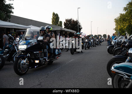 Bergamo, Italy - August 24, 2019: Annual motorcycle party named FESTA BIKERS, gathering with various kinds of shows and exhibition of motorcycles of v Stock Photo