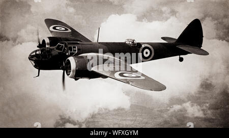 A Bristol Blenheim in flight. The British light bomber aircraft designed and built by the Bristol Aeroplane Company was used extensively in the first two years and in some cases throughout the Second World War.  It was one of the first British aircraft with an all-metal stressed-skin construction, retractable landing gear, flaps, a powered gun turret and variable-pitch propellers. The Mk I was faster than most fighters in the late 1930s but the advance in development of monoplane fighters made all bombers more vulnerable particularly if flown in daylight, though it proved successful as a night Stock Photo