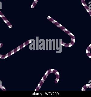 Vector seamless pattern with flat candy cane sweet sticks. Christmas or New Year festive object. Template for wrapping paper, gift, fabric or textile. Purple canes on dark blue background. Stock Vector