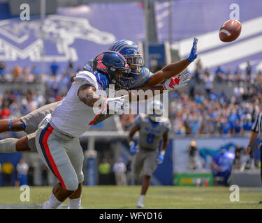 August 31, 2019: Ole' Miss wide receiver, Jonathan Mingo (1), dives for the ball as Memphis corner back, TJ Carter (2), dives to block the throw, during the NCAA football game between the Ole' Miss Rebels and the Memphis Tigers at Liberty Bowl Stadium in Memphis, TN. Credit: Kevin Langley/Sports South Media/CSM Stock Photo