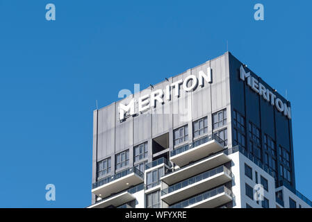 The Meriton name on a high rise residential tower in George Street in Sydney, Australia Stock Photo