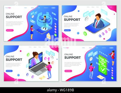 Online isometric customer support landing web page templates. Horizontal banners call center smartphone, laptop with female, male consultant, headset, Stock Vector