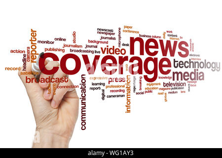 News coverage word cloud concept Stock Photo