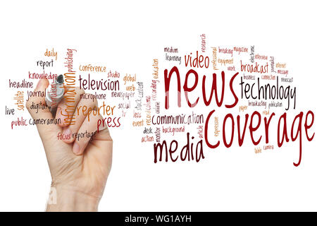 News coverage word cloud concept Stock Photo