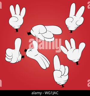Set of seven cartoon hands on a red gradient background, vector illustration Stock Vector