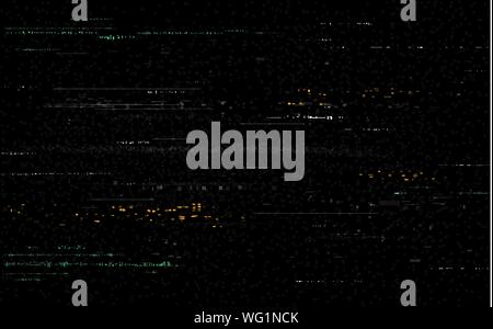 Glitch background. Video distortions on black backdrop. Digital signal error. Color pixel noise with distorted lines. Television glitch and random sha Stock Vector