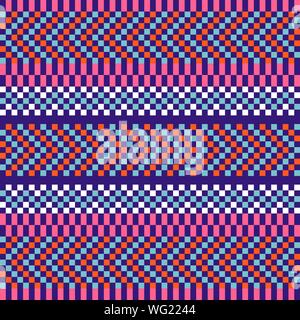 Geometric herringbone stripes seamless pattern pixel blocks shapes texture. Bright blue pink colors vector fabric background. Stock Vector