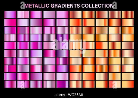 Pink and bronze, orange glossy gradient, metal foil texture. Color swatch set. Collection of high quality vector gradients. Shiny metallic background Stock Vector