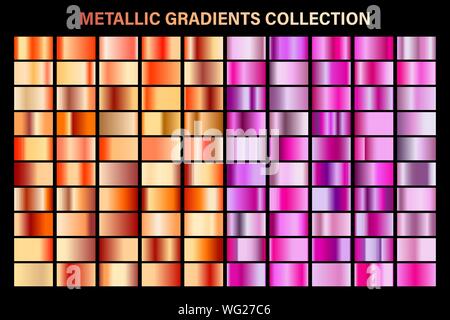 Pink and bronze, orange glossy gradient, metal foil texture. Color swatch set. Collection of high quality vector gradients. Shiny metallic background Stock Vector