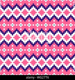 Geometric seamless pink chevron pattern pixel blocks shapes texture. Bright colors vector fabric background. Stock Vector