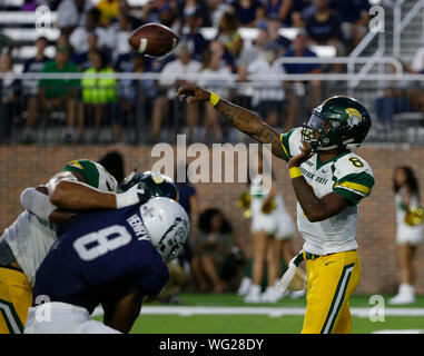 August 31, 2019: Norfolk State Spartans QB #8 Juwan Carter throws the football during a NCAA football game between the Old Dominions Monarchs and the Norfolk State Spartans at S.B. Ballard Stadium in Norfolk, VA. Justin Cooper/CSM Stock Photo