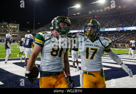 August 31, 2019: Norfolk State Spartans TE #81 Shawn McFarland and Norfolk State Spartans WR #17 Tylan McElhenie celebrate a touchdown during a NCAA football game between the Old Dominions Monarchs and the Norfolk State Spartans at S.B. Ballard Stadium in Norfolk, VA. Justin Cooper/CSM Stock Photo