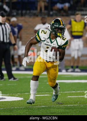 August 31, 2019: Norfolk State Spartans RB #2 Aaron Savage runs with he ball during a NCAA football game between the Old Dominions Monarchs and the Norfolk State Spartans at S.B. Ballard Stadium in Norfolk, VA. Justin Cooper/CSM Stock Photo