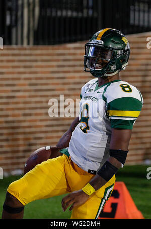 August 31, 2019: Norfolk State Spartans QB #8 Juwan Carter celebrates his touchdown during a NCAA football game between the Old Dominions Monarchs and the Norfolk State Spartans at S.B. Ballard Stadium in Norfolk, VA. Justin Cooper/CSM Stock Photo