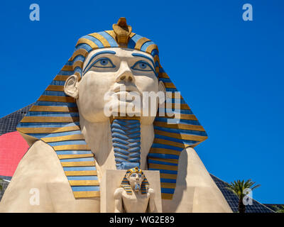 Statue of the Sphinx outside the famous Luxor Hotel on Las Vegas Strip. The Luxor is an amazing pyramid hotel, which hosts the Chris Angel show. Stock Photo
