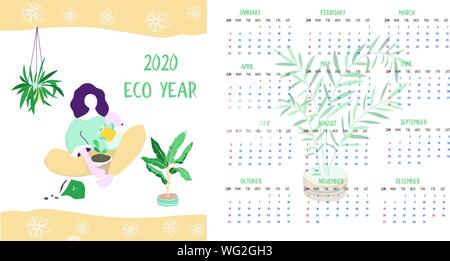 Calendar 2020. Calendar set with yoga woman sitting minimalistic geometric scandinavian style and trendy colors. Week Starts on Sunday. Stock Vector