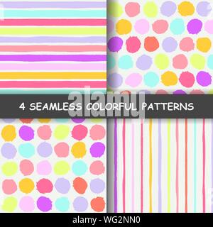 Set of four colorful seamless hand drawn graphic patterns with dotted and stripes. Polka dotted pattern. Striped background. Made in vector Stock Vector