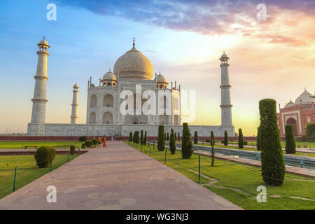 Taj Mahal Agra with moody sunrise sky. A UNESCO World Heritage site at Agra India Stock Photo