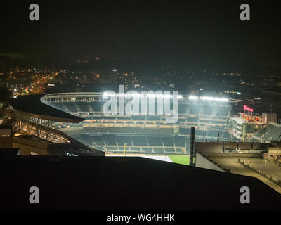 An aerial view of Target Field and downtown skyline, Thursday, Mar