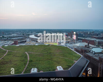 An aerial view of Target Field and downtown skyline, Thursday, Mar