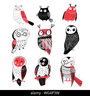 Vector bright set of graphic funny owls on an isolated white background. Symbols of owls for the design of wallpaper for children's rooms or fabrics. Stock Vector