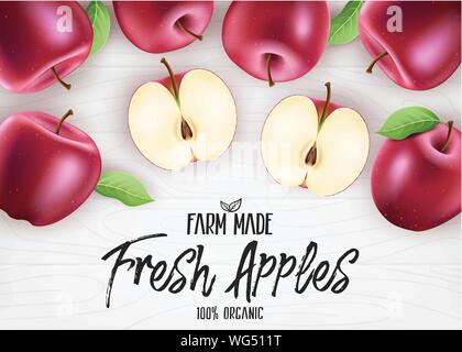 Fresh Red Apples Organic Farm Made. 3D Realistic Whole and Sliced Apples Banner with Leaves on White Wood Background. Vector Mesh Illustration Stock Vector