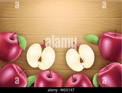 Red Fresh Apples Ripe Fruit 3D Realistic Banner with Leaves and Space for text on Brown Wood Background. Vector Mesh Illustration Stock Vector