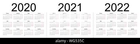 Set of russian 2020, 2021, 2022 year vector calendars. Week starts from Monday. Isolated vector illustration on white background. Stock Vector