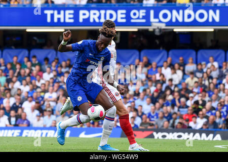 London, UK. 31st Aug, 2019. Tammy Abraham (front) of Chelsea vies for the ball during the English Premier League match between Chelsea and Sheffield United at Stamford Bridge in London, Britain on Aug. 31, 2019. Credit: Xinhua/Alamy Live News Stock Photo