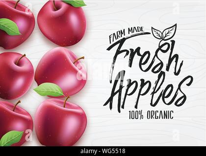 Red Fresh Apples Farm Made Organic 3D Realistic Banner Top View on White Wood Background. Vector Illustration Stock Vector