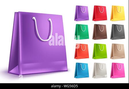 Empty paper bag vector set. Colorful shopping bags with purple and other colors isolated in white for fashion and retail market. Vector illustration. Stock Vector