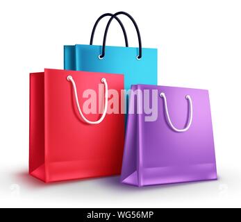Colorful shopping bags vector illustration. Group of empty paper bags with different colors isolated in white for shopping design elements. Stock Vector