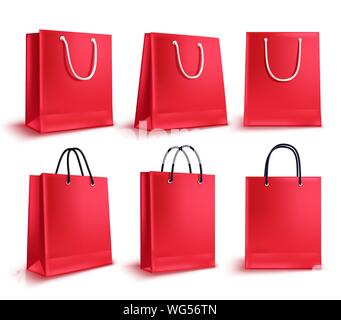 Shopping bags vector set. Red sale empty paper bags collection for fashion shopping design elements isolated in white. Vector illustration. Stock Vector