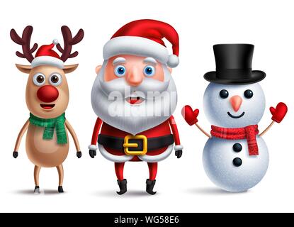 Santa claus vector character with snowman and rudolph the reindeer wearing christmas hats and scarf for christmas elements and design decoration. Stock Vector