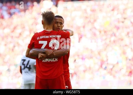 Muenchen, Germany 31st August 2019: 1. BL - 19/20 - FC Bayern Munich Vs. FSV FSV FSV Mainz 05 v.li. Joshua Kimmich (Bayern Munich) and Thiago (FC Bayern Munich) // DFL regulations prohibit any use of images as video sequences and/or quasi-video. // | usage worldwide Stock Photo