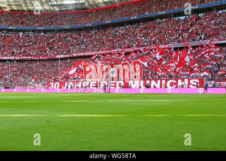 Muenchen, Germany 31st August 2019: 1. BL - 19/20 - FC Bayern Munich Vs. FSV FSV FSV Mainz 05 FC Bayern Munich, South curve, Choreo, Fan curve/Fans/Fan block/Feature/Symbol/Symbol photo/characteristic/detail // DFL regulations prohibit any use of images as image sequences and/or quasi-video. // | usage worldwide Stock Photo
