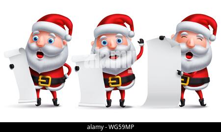 Santa claus vector character set holding blank white paper of christmas wish list and gifts with happy facial expressions and postures for christmas Stock Vector