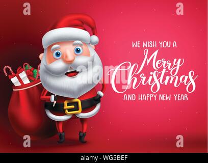 Santa claus vector character with merry christmas greeting text in red background. Santa claus carrying bag of gifts and surprise for christmas season Stock Vector