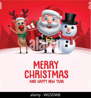 Merry christmas greeting with christmas vector characters. Santa claus, reindeer and snowman carrying christmas gift waiving hand in red background. Stock Vector