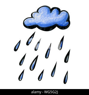 Bright cartoon rain cloud. White-blue cloud drawn by hand and isolated on a white background. Soft fluffy round shape with a black outline and with la Stock Photo