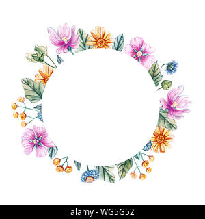 Round frame with watercolor wildflowers. Wreath for a wedding on a white background with pink flowers, leaves and buds of mallow. Autumn, summer and s Stock Photo