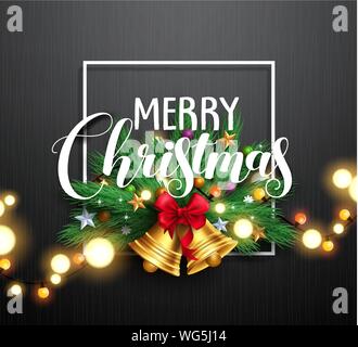 Merry christmas greeting typography and christmas wreath with gold bells and bright blurred christmas lights in black textured background. Vector Stock Vector
