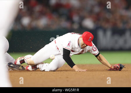 Anaheim, USA. 31st Aug, 2019. August 31, 2019: Los Angeles Angels first baseman Albert Pujols (5) has a small collision with Boston Red Sox left fielder J.D. Credit: Cal Sport Media/Alamy Live News Stock Photo