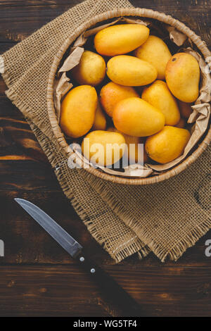 High Angle View Of Mangoes In Basket On Wooden Crate