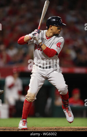 Anaheim, USA. 31st Aug, 2019. August 31, 2019: Boston Red Sox right fielder Mookie Betts (50) bats for the Red Sox during the game between the Boston Red Sox and the Los Angeles Angels of Anaheim at Angel Stadium in Anaheim, CA, (Photo by Peter Joneleit, Cal Sport Media) Credit: Cal Sport Media/Alamy Live News Stock Photo