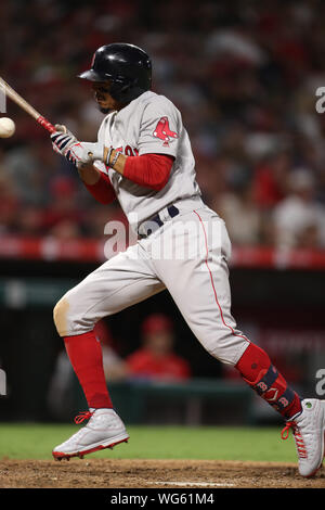 Anaheim, USA. 31st Aug, 2019. August 31, 2019: Boston Red Sox right fielder Mookie Betts (50) gets hit by a pitch during the game between the Boston Red Sox and the Los Angeles Angels of Anaheim at Angel Stadium in Anaheim, CA, (Photo by Peter Joneleit, Cal Sport Media) Credit: Cal Sport Media/Alamy Live News Stock Photo