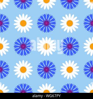 Seamless pattern background with cornflowers and chamomiles, colorful illustration. EPS10. Stock Vector